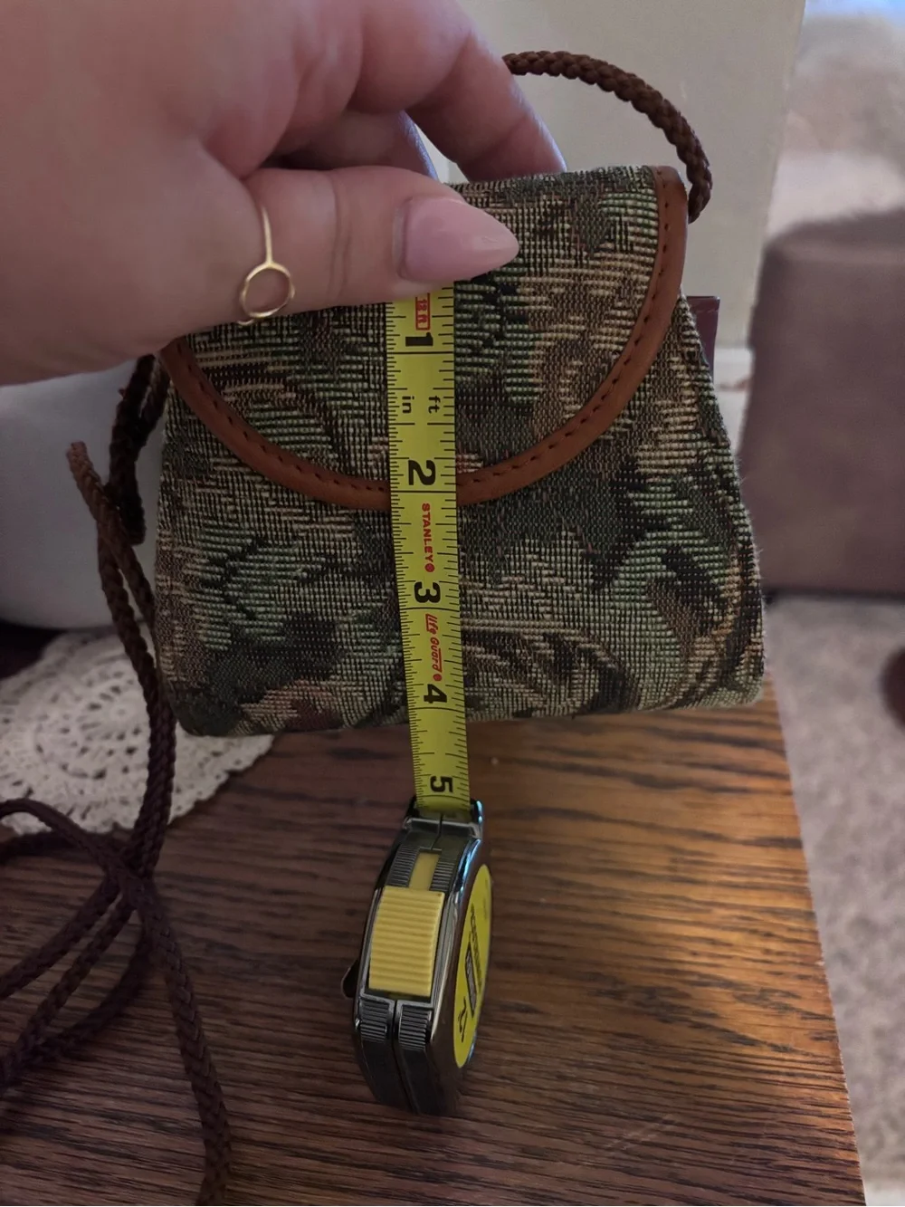 Rolfs Tapestry Green Floral Woven Crossbody with Brown Leather Trim